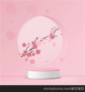 Display product podium. 3D realistic pink cylinder shpe platform with green leaf decoration. You can use for show cosmetic products, stage showcase, mockup. Vector 
