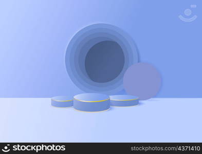 Display product podium. 3D realistic soft blue shape platform with circles overlap backdrop. You can use for show cosmetic products, stage showcase, mockup. Vector