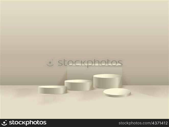 Display product podium. 3D realistic soft brown shape platform witht studio room backdrop. You can use for show cosmetic products, stage showcase, mockup. Vector