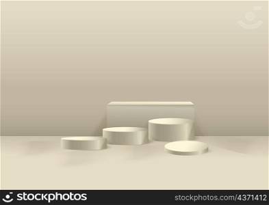 Display product podium. 3D realistic soft brown shape platform witht studio room backdrop. You can use for show cosmetic products, stage showcase, mockup. Vector