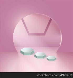 Display product podium. 3D realistic soft green hexagon shape platform in light pink empty room. You can use for show cosmetic products, stage showcase, mockup. Vector