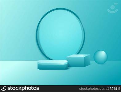 Display product podium. 3D realistic soft green mint shape platform with circle shape backdrop. You can use for show cosmetic products, stage showcase, mockup. Vector