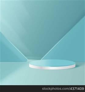 Display product podium. 3D realistic soft green mint shape platform with triangle shape backdrop. You can use for show cosmetic products, stage showcase, mockup. Vector