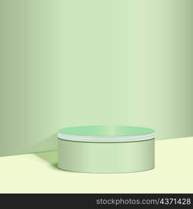 Display product podium. 3D realistic soft green shape platform witht studio room backdrop. You can use for show cosmetic products, stage showcase, mockup. Vecto