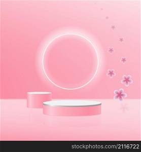 Display product podium. 3D realistic soft pink shape platform with flower backdrop. You can use for show cosmetic products, stage showcase, mockup. Vector