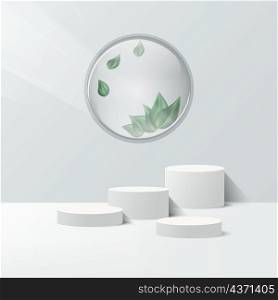 Display product podium. 3D realistic white cylinder shpe platform with green leaf decoration. You can use for show cosmetic products, stage showcase, mockup. Vector