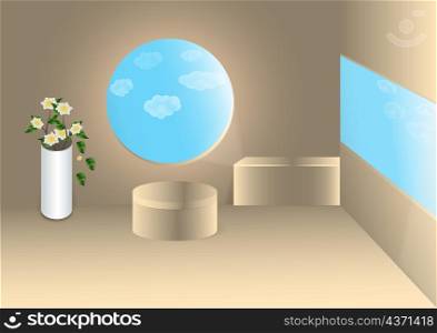 Display product podium scene. 3D realistic soft brown with blue sky in windows and flowers vase decoration background. You can use for show cosmetic products, stage showcase, mockup. Vector