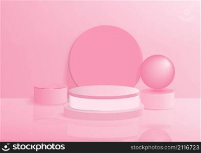 Display product podium scene. Abstact 3D product background pink rendering with circle wall scene. Stage for product valentine. Vector illustration