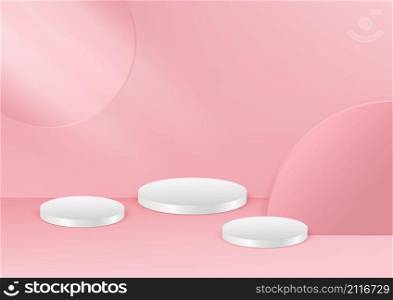 Display product podium scene. Abstact 3D product background pink rendering with circle wall scene. Stage for product valentine. Vector illustration