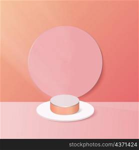 Display product podium scene. Abstact 3D product background pink rendering with circle wall scene. You can use for show cosmetic products, stage showcase. Vector illustration