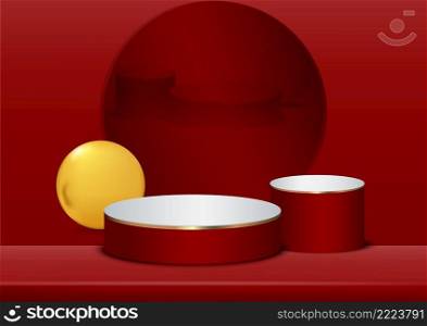 Display product podium scene. Abstact 3D product background red rendering with circle wall scene. Stage for product. Vector illustration