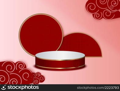 Display product podium scene. Abstract 3D product background light dark red rendering with circle wall scene. Stage for product, showcase. Happy chainese new year. Vector illustration