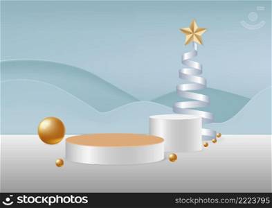 Display product podium scene. Abstract 3D product background light grey rendering with decor star, ribbon andcurved shape wall scene. Stage for product, showcase. Vector illustration