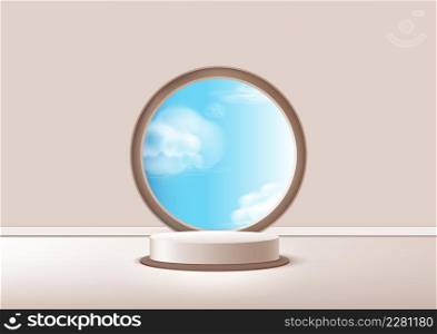 Display product podium scene. Abstract 3D product background light soft brown rendering with sky cloud shape circle wall scene. Stage for product, showcase. Vector illustration
