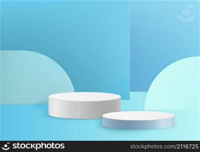 Display product podium scene. Abstract studio room 3D product pastel blue background rendering with wall scene. Stage for product, cosmetic, promotion display, presentation. Vector illustration