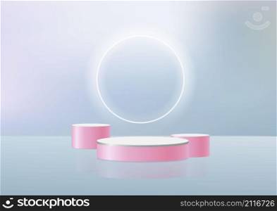 Display product podium scene. Abstract studio room 3D product pastel blue background rendering with circle light effect scene. Stage for product, cosmetic, promotion display, presentation. Vector illustration