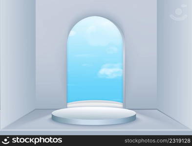 Display product silver pedestal was in the room with a backdrop of the sky outside the window. Vector illustration