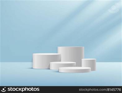 Display product white podium. Abstract studio room product pastel blue background. Stage for product, cosmetic, promotion display, presentation. Vector illustration