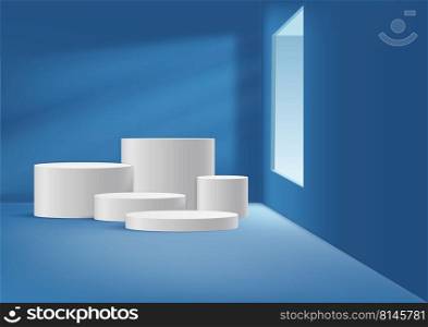 Display∏uct white podium. Abstract studio room∏uct pastel blue and windows sce≠. Sta≥for∏uct, cosmetic, promotion display, presentation. Vector illustration