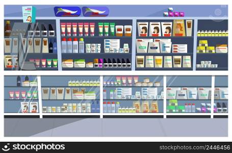 Display with hair products vector illustration. Aisle, store, shelf, shampoo. Retail concept. Can be used for topics like pharmacy, supermarket, beauty care