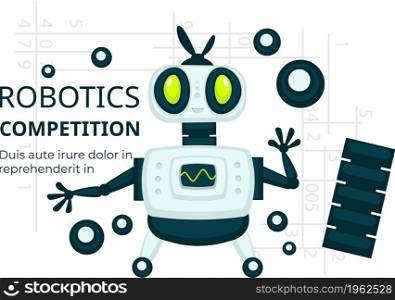 Displaying and presenting machines and androids, robotics competition. Exhibition of humanoids with artificial intelligence. Science and futuristic progress. Robotics competition and construction. Robotics competition, display of androids vector