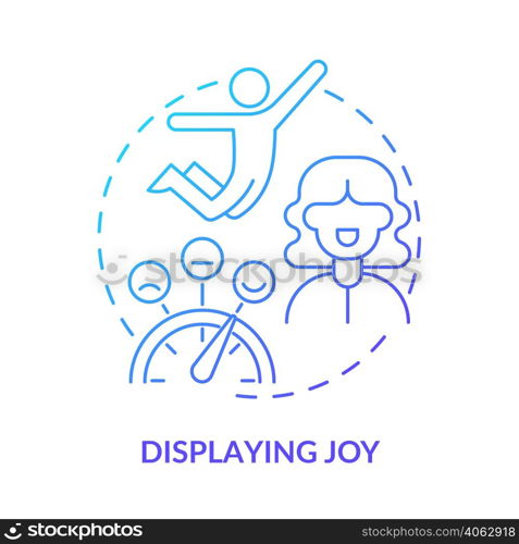 Displaying joy blue gradient concept icon. Showing pleasure. Charismatic people characteristic abstract idea thin line illustration. Isolated outline drawing. Myriad Pro-Bold font used. Displaying joy blue gradient concept icon