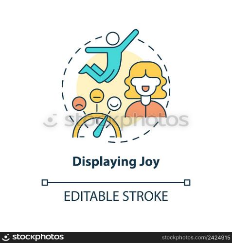 Displaying joy concept icon. Showing pleasure. Charismatic people characteristic abstract idea thin line illustration. Isolated outline drawing. Editable stroke. Arial, Myriad Pro-Bold fonts used. Displaying joy concept icon