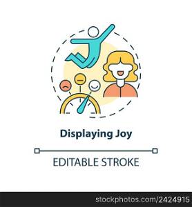 Displaying joy concept icon. Showing pleasure. Charismatic people characteristic abstract idea thin line illustration. Isolated outline drawing. Editable stroke. Arial, Myriad Pro-Bold fonts used. Displaying joy concept icon