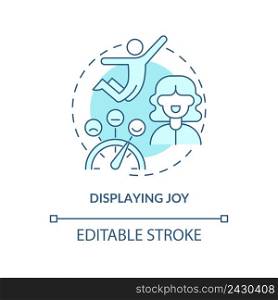 Displaying joy turquoise concept icon. Showing pleasure. Charismatic people traits abstract idea thin line illustration. Isolated outline drawing. Editable stroke. Arial, Myriad Pro-Bold fonts used. Displaying joy turquoise concept icon