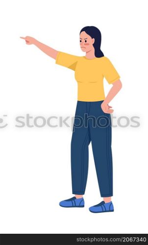 Displeased mom pointing with finger semi flat color vector character. Posing figure. Full body person on white. Motherhood isolated modern cartoon style illustration for graphic design and animation. Displeased mom pointing with finger semi flat color vector character