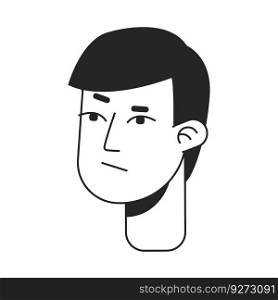 Displeased young asian man monochrome flat linear character head. Grumpy facial expression. Editable outline hand drawn human face icon. 2D cartoon spot vector avatar illustration for animation. Displeased young asian man monochrome flat linear character head