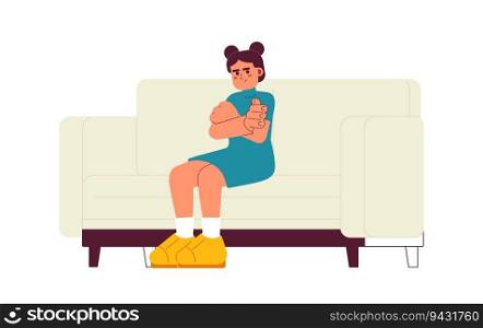 Displeased young girl with folded hands semi flat color vector character. Moody teenager sitting on couch. Editable full body person on white. Simple cartoon spot illustration for web graphic design. Displeased young girl with folded hands semi flat color vector character