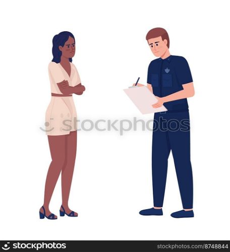 Displeased young woman complaining to policeman semi flat color vector characters. Editable figures. Full body people on white. Simple cartoon style illustration for web graphic design and animation. Displeased young woman complaining to policeman semi flat color vector characters
