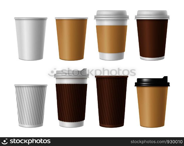 Disposable coffee cup. Blank vector template of hot coffee white paper mug. Realistic illustrations of coffee cup 3D mockup. Vector cup disposable, white and brown for tea and cappuccino. Disposable coffee cup. Blank vector template of hot coffee white paper mug. Realistic illustrations of coffee cup 3D mockup