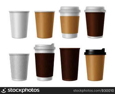 Disposable coffee cup. Blank vector template of hot coffee white paper mug. Realistic illustrations of coffee cup 3D mockup. Vector cup disposable, white and brown for tea and cappuccino. Disposable coffee cup. Blank vector template of hot coffee white paper mug. Realistic illustrations of coffee cup 3D mockup