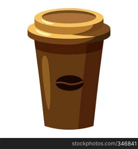 Disposable coffee cup with coffee bean logo icon in cartoon style isolated on white background. Disposable coffee cup icon, cartoon style