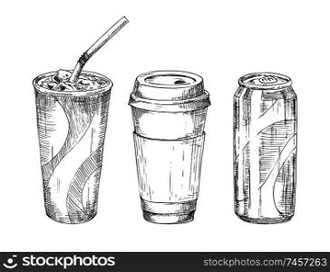 Disposable glass with ice liquid, cup with coffee or tea and metal soda can. Advertising take-away drink sketch icon set for snackbar promo or menu vector. Take Away Drink Sketch Style Icon Set for Promo