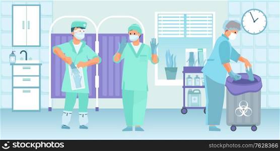 Disposable gloves flat composition set with hospital scenery and medical specialists wearing and tossing out gloves vector illustration