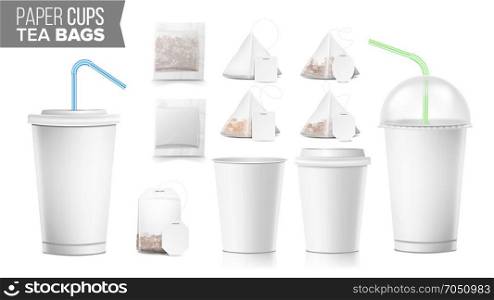 Disposable Paper Cups And Tea Bags Set Vector. Plastic Covers. Take-out Soft Drinks Cup Template. Open And Closed Paper Cup Blank. Realistic Isolated Vector Illustration.. Take-out Ocher Paper Cups, Tea Bags Mock Up Vector. Big Small Coffee Cup. Cola, Soft Drinks Cup Template. Tube Straw. 3D Cardboard Object. Isolated Illustration
