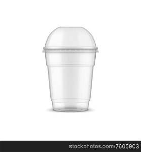 Disposable plastic cup with dome cap isolated cocktail glass mockup. Vector takeaway drinks packaging. Takeaway drinks packaging isolated cup with dome