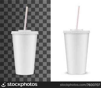 Disposable plastic cup with lid and straw isolated 3D realistic vector mockup. Blank white takeaway cup for cold or hot drink, soda beverage and coffee, cocktail and tea. Fast food isolated cup. Realistic 3D plastic cup with lid and straw mockup