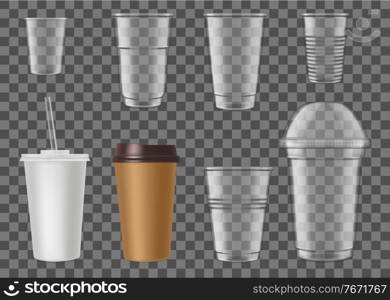 Disposable plastic cups for fast food cafe drinks mockup. Empty cardboard and plastic containers for hot and cold beverages, coffee, beer and cocktails with straw and lid 3d realistic vector templates. Disposable plastic cups for fast food drink mockup