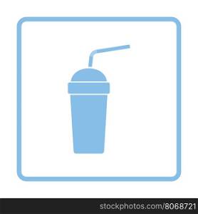 Disposable soda cup and flexible stick icon. Blue frame design. Vector illustration.
