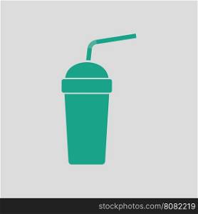 Disposable soda cup and flexible stick icon. Gray background with green. Vector illustration.