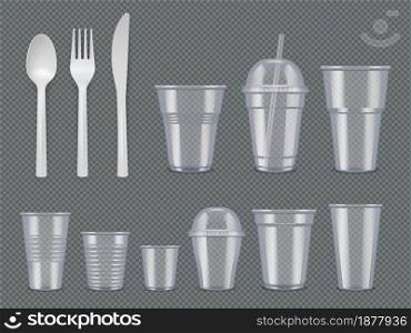 Disposable utensils. Plastic tableware knives forks spoons glasses cups vector realistic template. Tableware spoon and fork, cup and utensil illustration. Disposable utensils. Plastic tableware knives forks spoons glasses cups vector realistic template