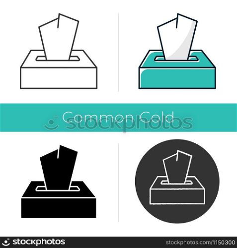 Disposable wipes icon. Box with tissues. Toilet paper. Handkerchief. Cleansing product. Napkin for sanitary. Bathroom items. Flat design, linear and color styles. Isolated vector illustrations