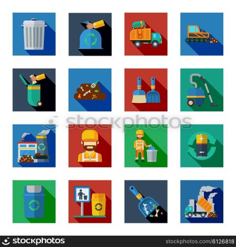 Disposal Of Waste Colorful Square Icons. Disposal of waste colorful square icons set with vacuum cleaner battery garbage basket bulldozer dump truck isolated vector illustration