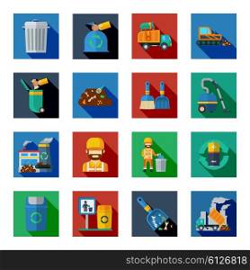 Disposal Of Waste Colorful Square Icons. Disposal of waste colorful square icons set with vacuum cleaner battery garbage basket bulldozer dump truck isolated vector illustration