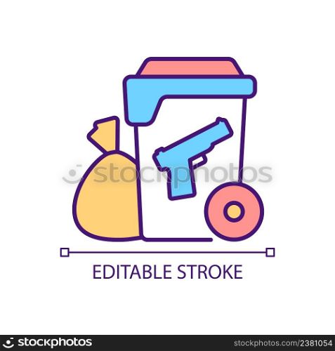 Disposing unwanted gun in trash bin RGB color icon. Throwing firearm and ammunition away in garbage. Isolated vector illustration. Simple filled line drawing. Editable stroke. Arial font used. Disposing unwanted gun in trash bin RGB color icon