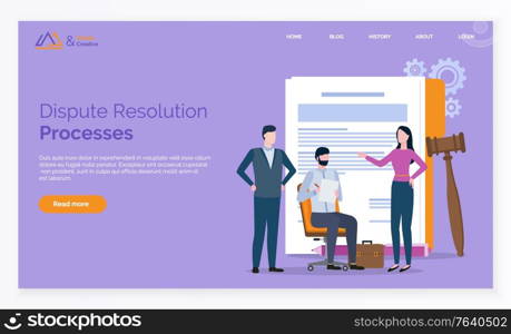 Dispute resolution processes, documents and gavel. Man and woman solving problems, partners reconciliation, lawyer online, rights and notes vector. Webpage or website template, landing page flat style. Resolution Problems, Lawyer Online, Legal Vector